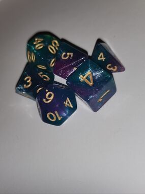 Shimmering Purple Teal RPG Dice Set - Gold Numbers